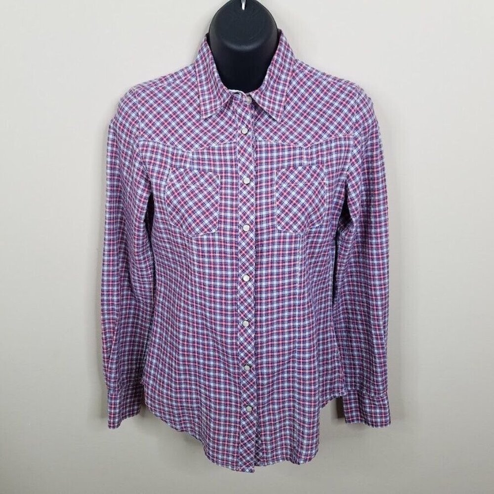 Gap Shirt Womens Extra Small Pearl Snap Plaid Western Red White Blue Long Sleeve